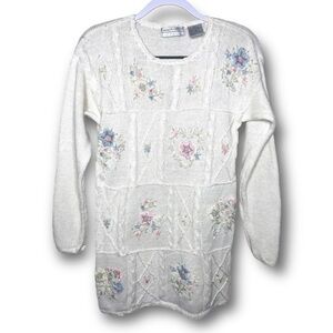 Vintage Carolyn Taylor Sz S Ivory Beaded Embroidered Cottagecore Granny Sweater